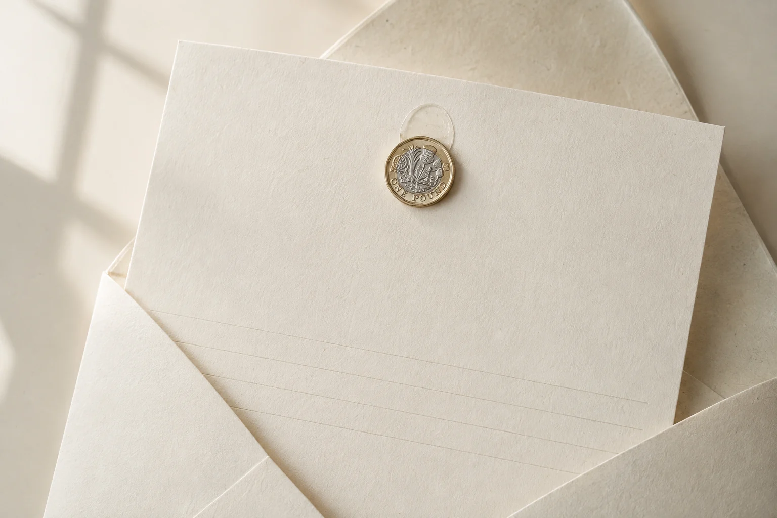 An illustrated cream business letter with an ordinary coin attached, ready to be placed in an envelope
