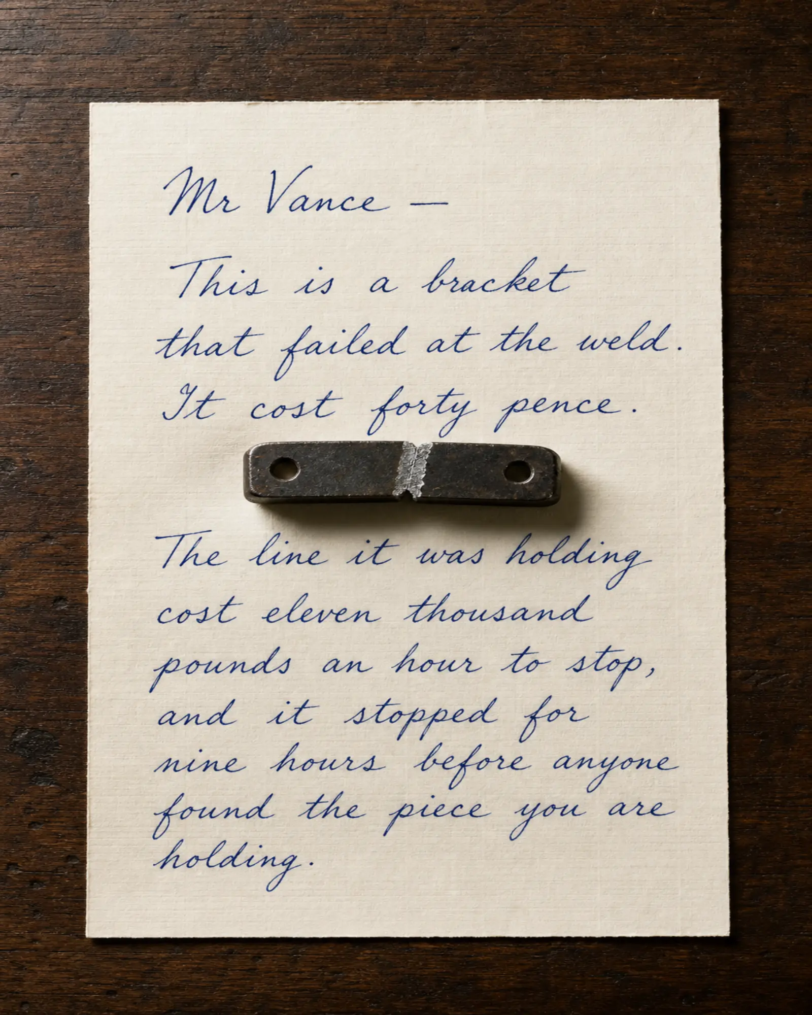 A broken steel bracket resting on a handwritten letter.
