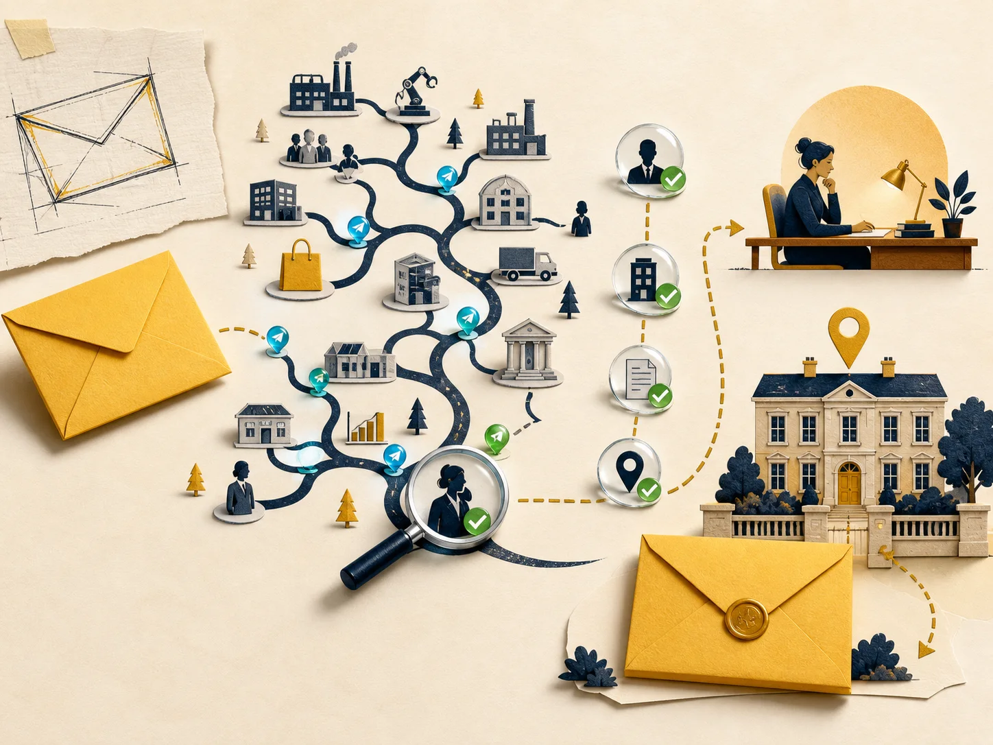 An illustrated map connecting a letter with research questions